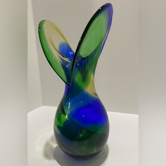 Abstract Art Glass Vase Blue Green Fish Tail Hand Blown Rare Unique - Picture 3 of 8